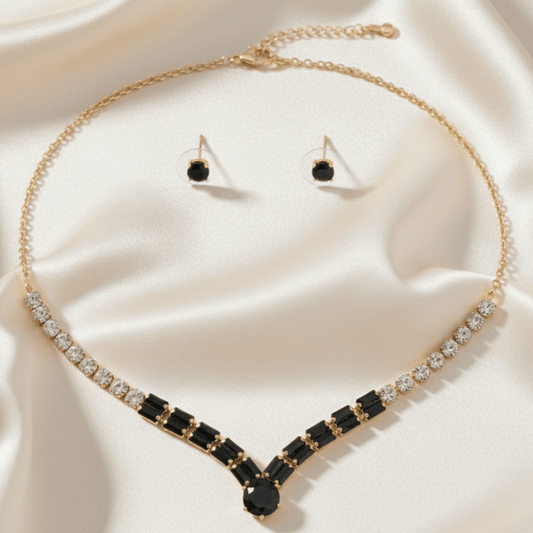 Elegant Black and Clear Rhinestone Choker Necklace Set with Stud Earrings - Stainless steel & Tarnish Free by Zehnoor | Necklace Set