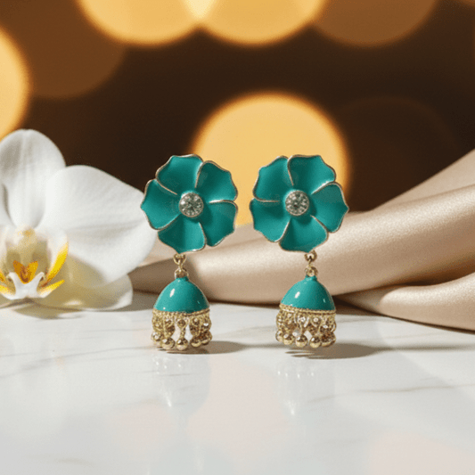 Elegant Enamel Flower Jhumka Earrings - Stainless steel by Zehnoor | Earrings