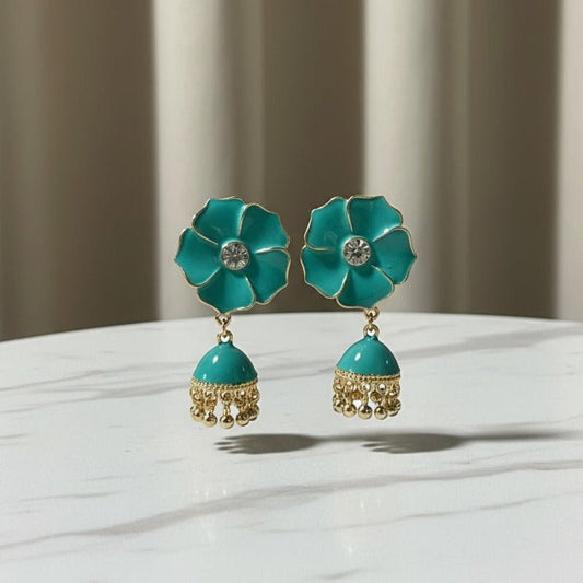 Elegant Enamel Flower Jhumka Earrings - Stainless steel by Zehnoor | Earrings