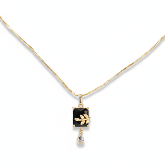 Elegant Pendant Necklace with Black Onyx and Leaf Detail - Stainless steel & Tarnish Free by Zehnoor | Necklace Set