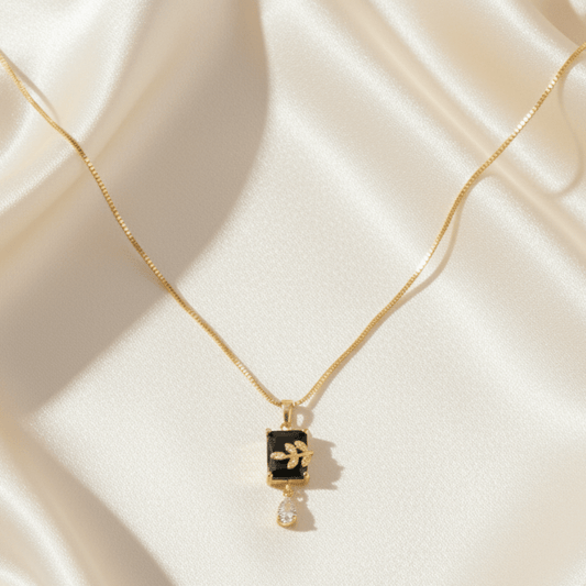 Elegant Pendant Necklace with Black Onyx and Leaf Detail - Stainless steel & Tarnish Free by Zehnoor | Necklace Set