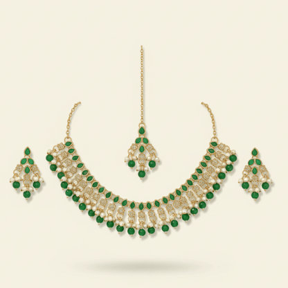Emerald Green Stone & Pearl Festive Jewelry Set with Maang Tikka - Stainless steel by Zehnoor | Necklace Set