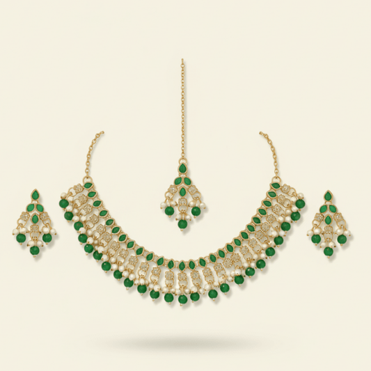 Emerald Green Stone & Pearl Festive Jewelry Set with Maang Tikka - Stainless steel by Zehnoor | Necklace Set