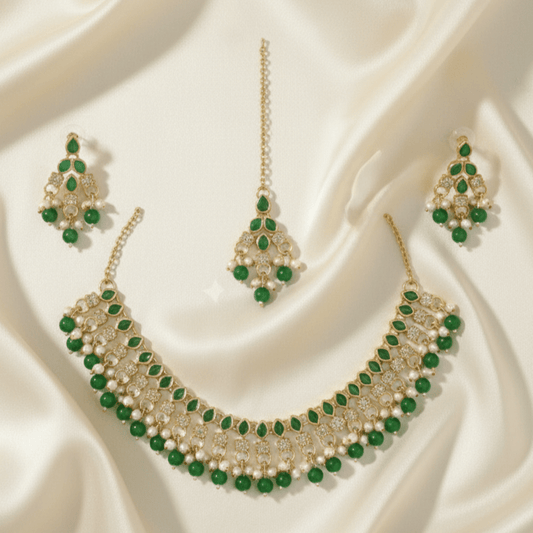 Emerald Green Stone & Pearl Festive Jewelry Set with Maang Tikka - Stainless steel by Zehnoor | Necklace Set