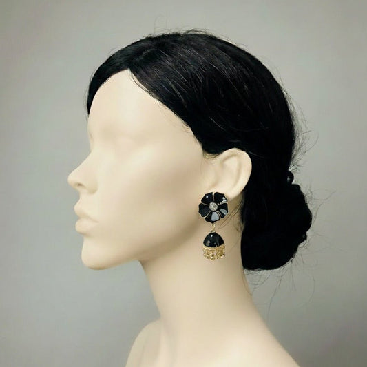 Gold and Black Enamel Floral Jhumka Earrings - Stainless steel by Zehnoor | Earrings