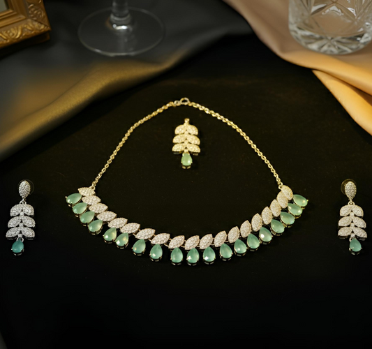 Silver-Toned Mint Green Stone & CZ Festive Jewelry Set with Maang Tikka - Stainless steel