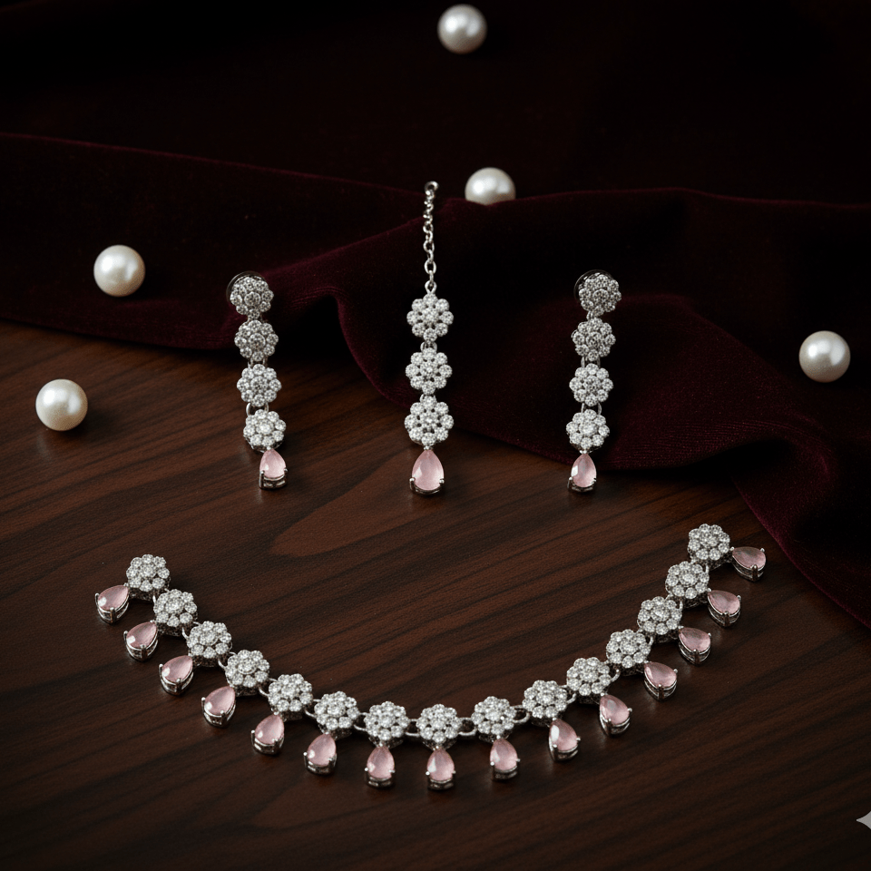 Necklace and earrings set with pink stones - Stainless steel & Tarnish Free by Zehnoor | Necklace Set