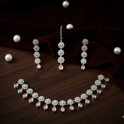 Necklace and earrings set with pink stones - Stainless steel & Tarnish Free by Zehnoor | Necklace Set