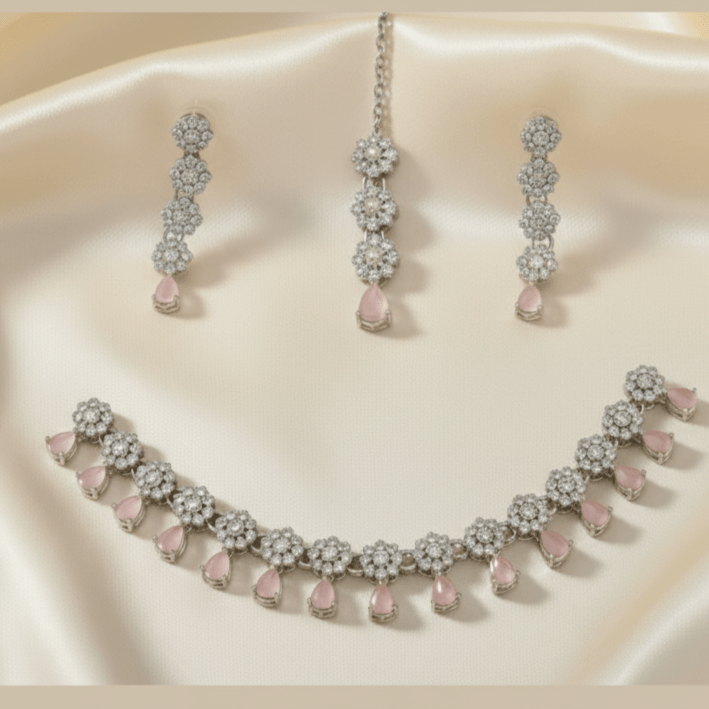 Necklace and earrings set with pink stones - Stainless steel & Tarnish Free by Zehnoor | Necklace Set