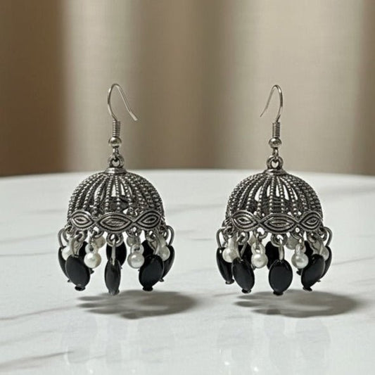 Pair of Ornate Earrings with Black & Pearl Accents - Stainless steel by Zehnoor | Earrings