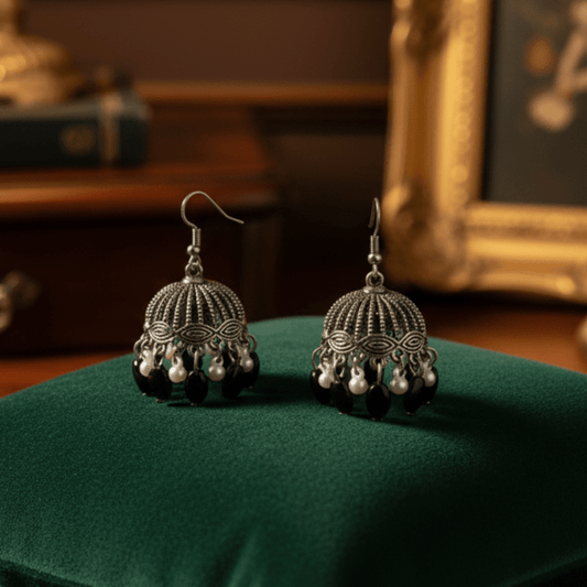 Pair of Ornate Earrings with Black & Pearl Accents - Stainless steel by Zehnoor | Earrings