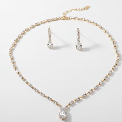 Pear & Baguette Crystal Necklace & Earring Set - Stainless steel & Tarnish Free by Zehnoor | Necklace Set