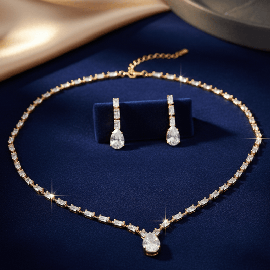 Pear & Baguette Crystal Necklace & Earring Set - Stainless steel & Tarnish Free by Zehnoor | Necklace Set