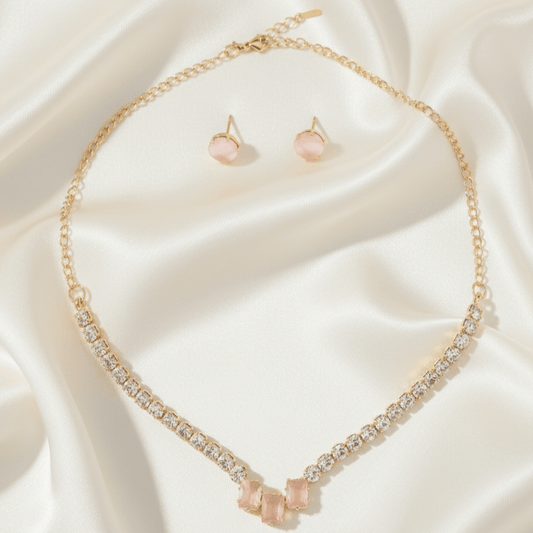 Rose Quartz & Dainty Necklace & Earring Set - Stainless steel & Tarnish Free by Zehnoor | Necklace Set
