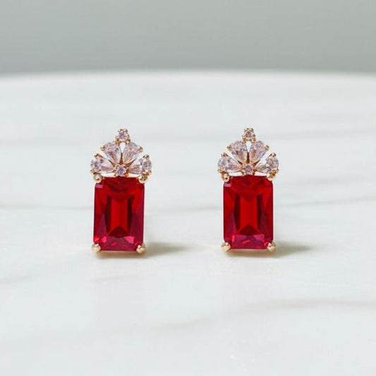 Rose Tone Emerald - Cut Ruby Stud Earrings - Stainless steel & Tarnish Free by Zehnoor | Earrings