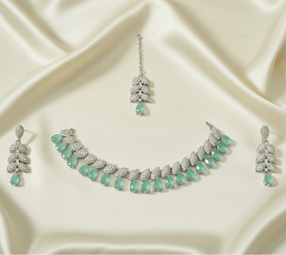 Silver - Toned Mint Green Stone & CZ Festive Jewelry Set with Maang Tikka - Stainless steel by Zehnoor | Necklace Set