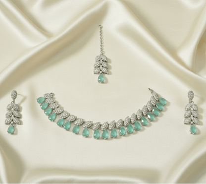 Silver - Toned Mint Green Stone & CZ Festive Jewelry Set with Maang Tikka - Stainless steel by Zehnoor | Necklace Set