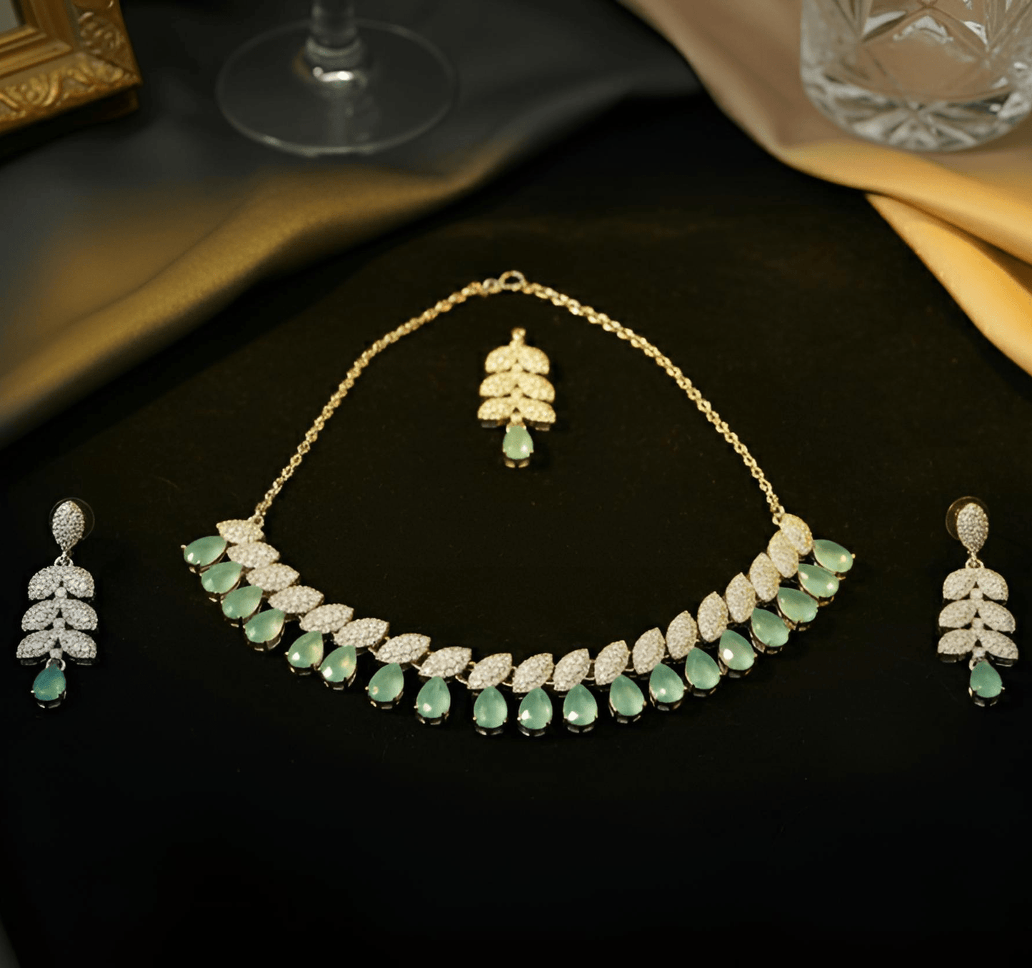 Silver - Toned Mint Green Stone & CZ Festive Jewelry Set with Maang Tikka - Stainless steel by Zehnoor | Necklace Set