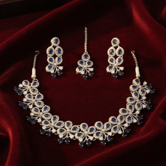 Silver - Toned Royal Blue Stone Bridal/Festive Jewelry Set with Maang Tikka - Stainless steel by Zehnoor | Necklace Set