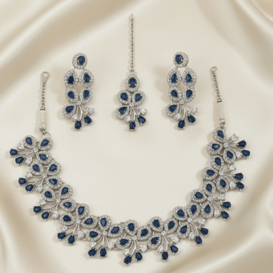 Silver - Toned Royal Blue Stone Bridal/Festive Jewelry Set with Maang Tikka - Stainless steel by Zehnoor | Necklace Set