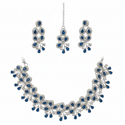 Silver - Toned Royal Blue Stone Bridal/Festive Jewelry Set with Maang Tikka - Stainless steel by Zehnoor | Necklace Set