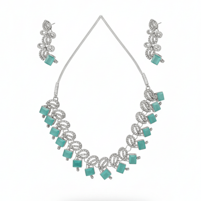 Toned Teal Gemstone Necklace & Earring Set - Stainless steel by Zehnoor | Necklace Set