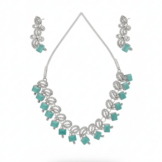 Toned Teal Gemstone Necklace & Earring Set - Stainless steel by Zehnoor | Necklace Set