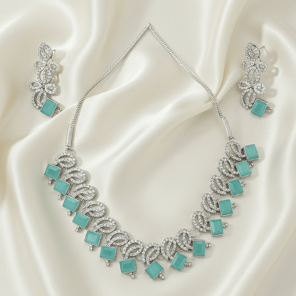 Toned Teal Gemstone Necklace & Earring Set - Stainless steel by Zehnoor | Necklace Set