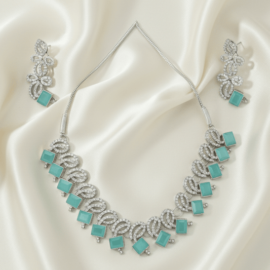 Toned Teal Gemstone Necklace & Earring Set - Stainless steel by Zehnoor | Necklace Set